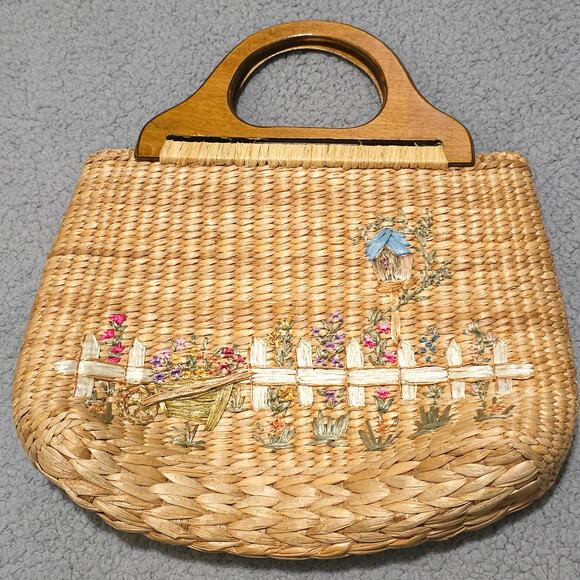 Cappelli Handbags - Vintage Cappelli Straw Handbag Wood Handles Floral Lined Woven Purse Cottagecore